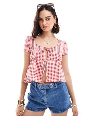 ASOS DESIGN Red Gingham Milkmaid Tie Front Peplum Top Size L 12-14